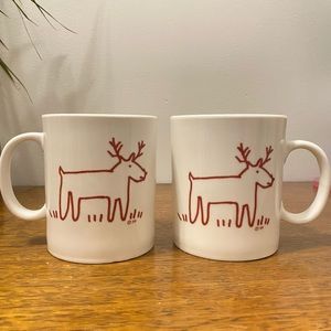 Set of 2 Crate & Barrel Trish Richman 1999 Reindeer Christmas Coffee Mugs